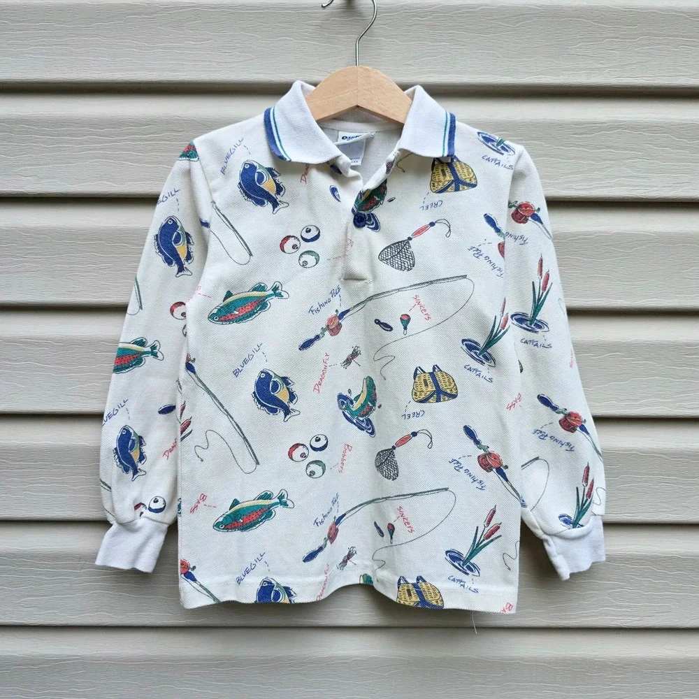 VTG OshKosh B'Gosh Boys 4T Fly Fishing Print Polo Shirt USA 90s Outdoors